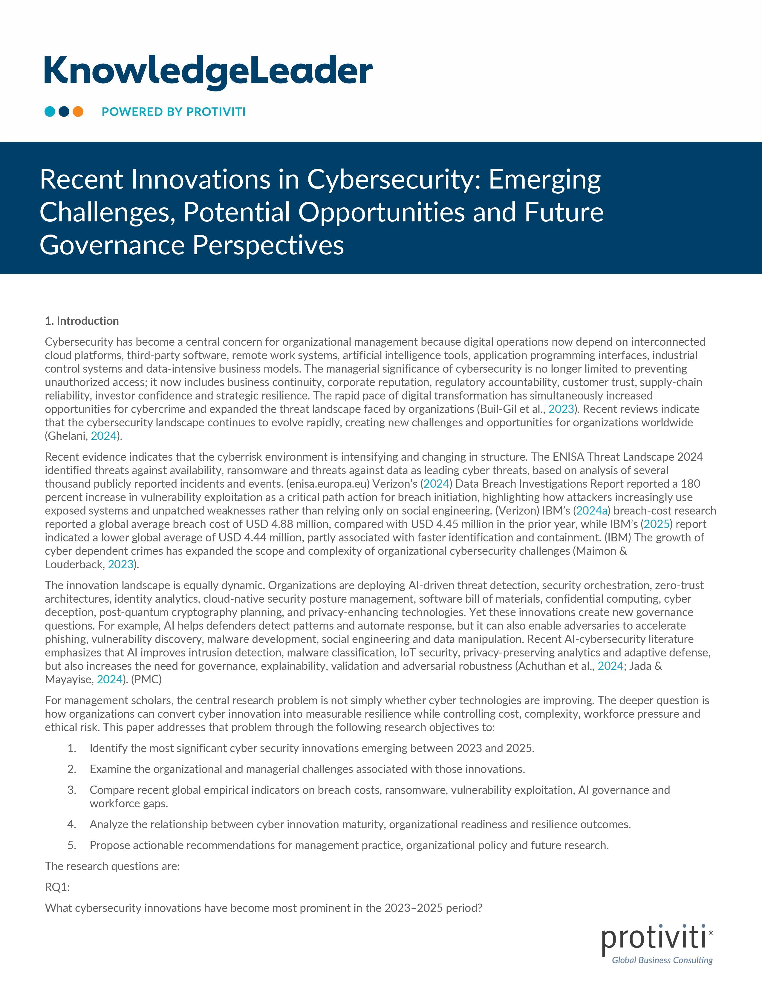 Recent Innovations in Cyber Security Emerging Challenges, Potential Opportunities and Future Governance Perspectives