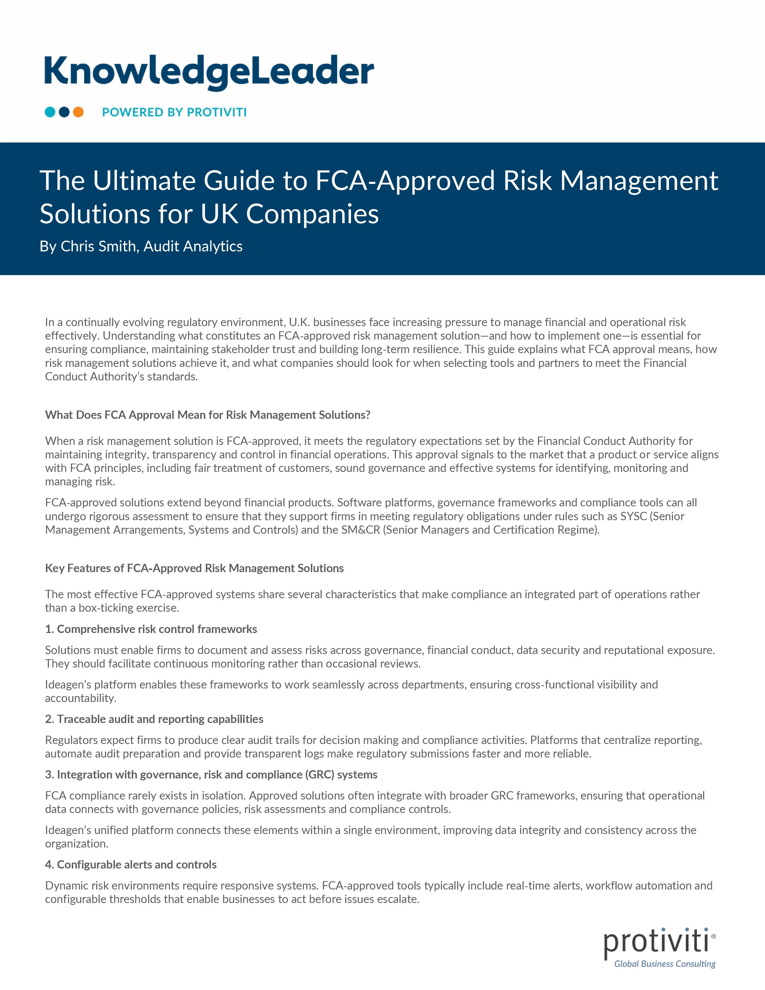 screenshot of the first page of The Ultimate Guide to FCA‑Approved Risk Management Solutions for UK Companies