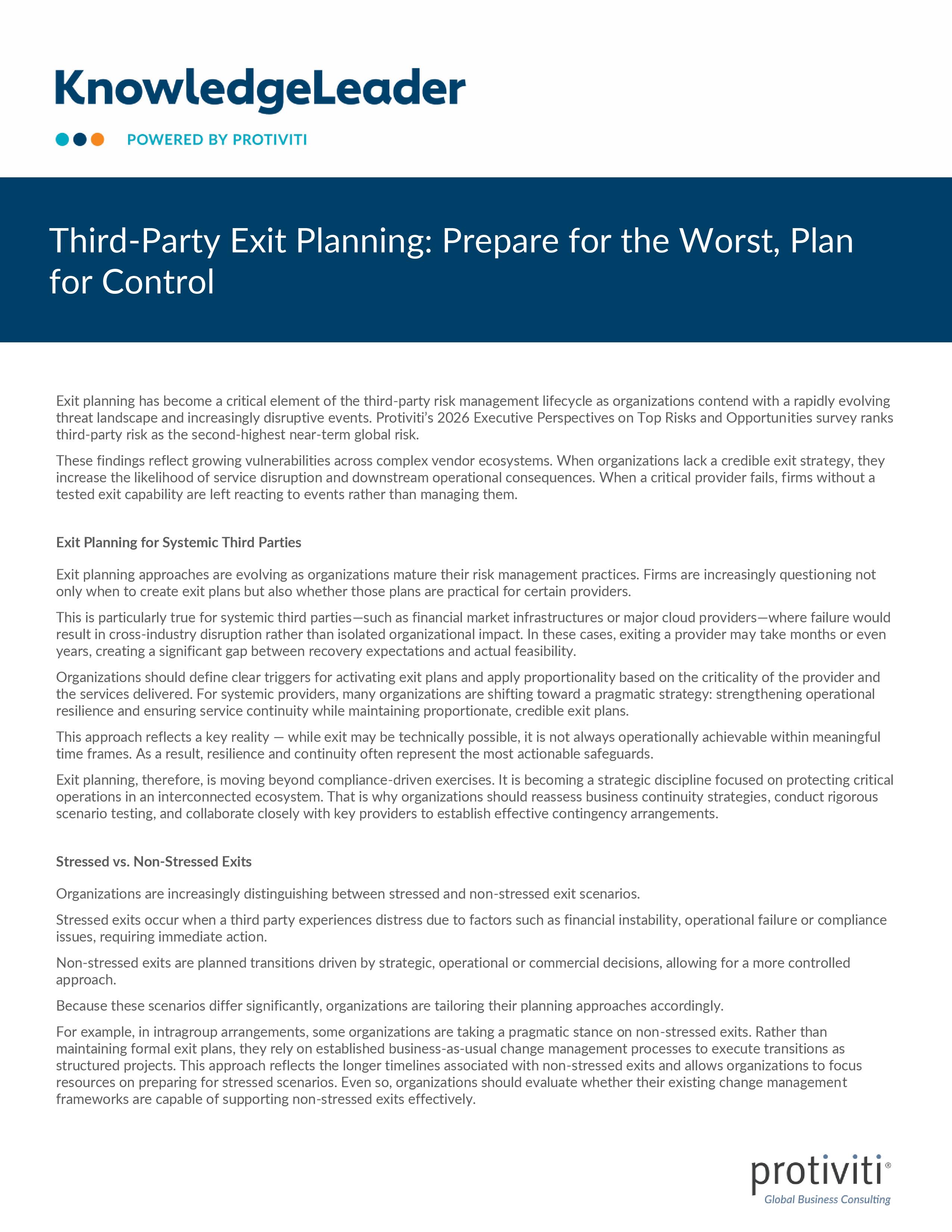 screenshot of the first page of Third-Party Exit Planning: Prepare for the Worst, Plan for Control