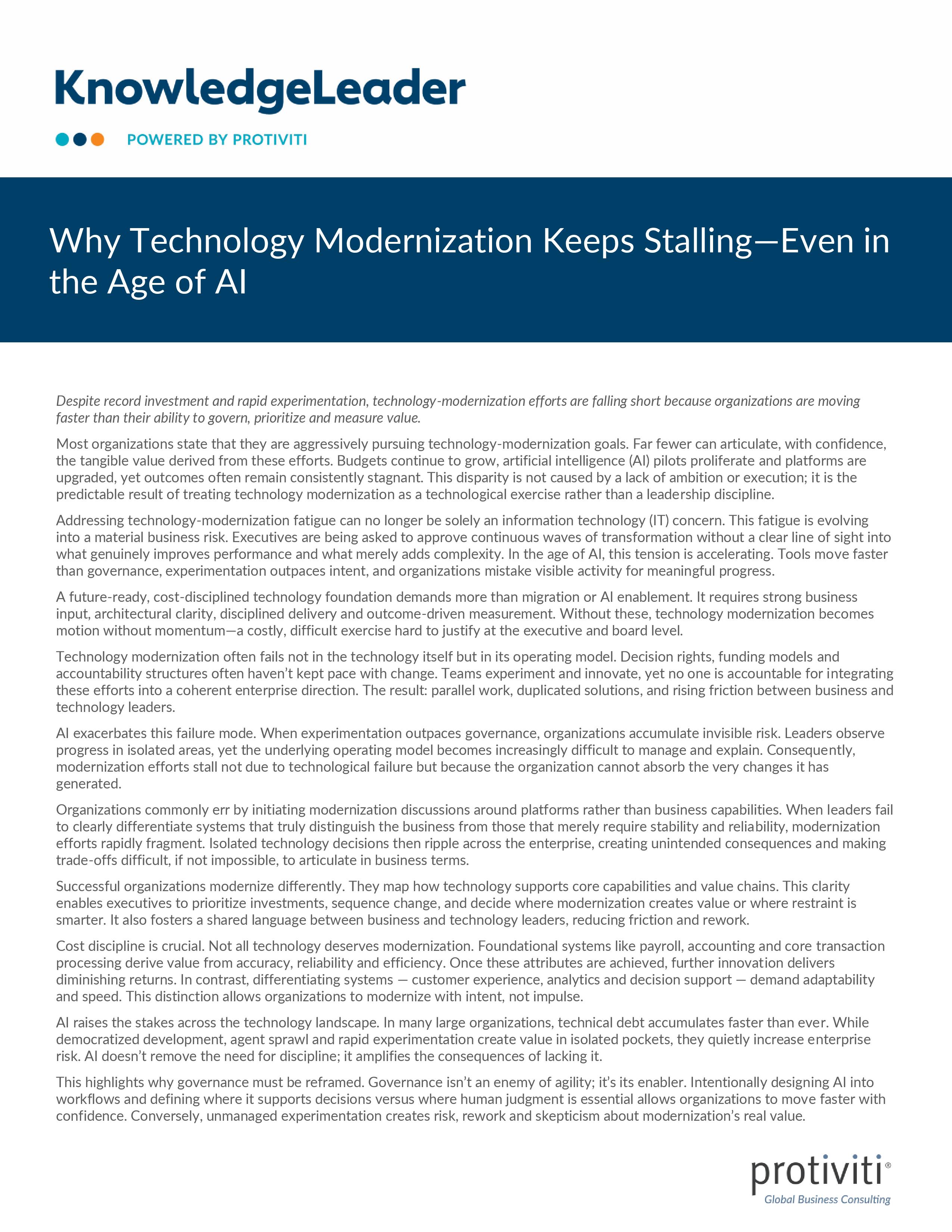 screenshot of the first page of Why Technology Modernization Keeps Stalling—Even in the Age of AI