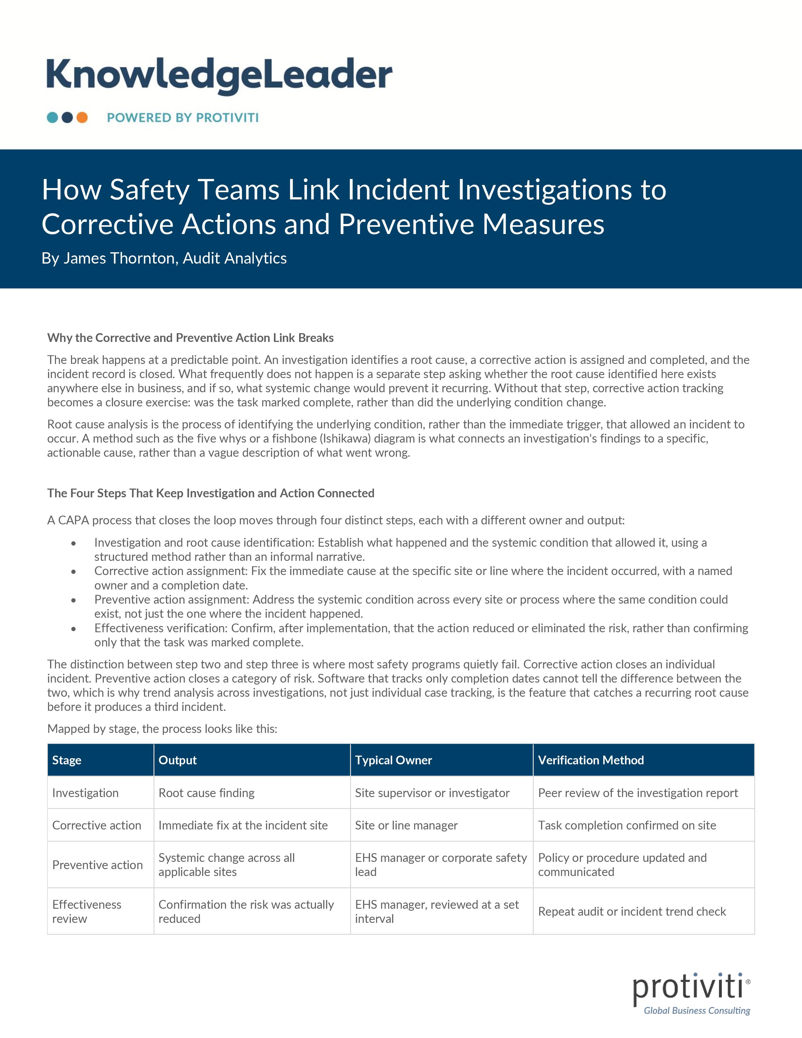 screenshot of the first page of How Safety Teams Link Incident Investigations To Corrective Actions and Preventive Measures