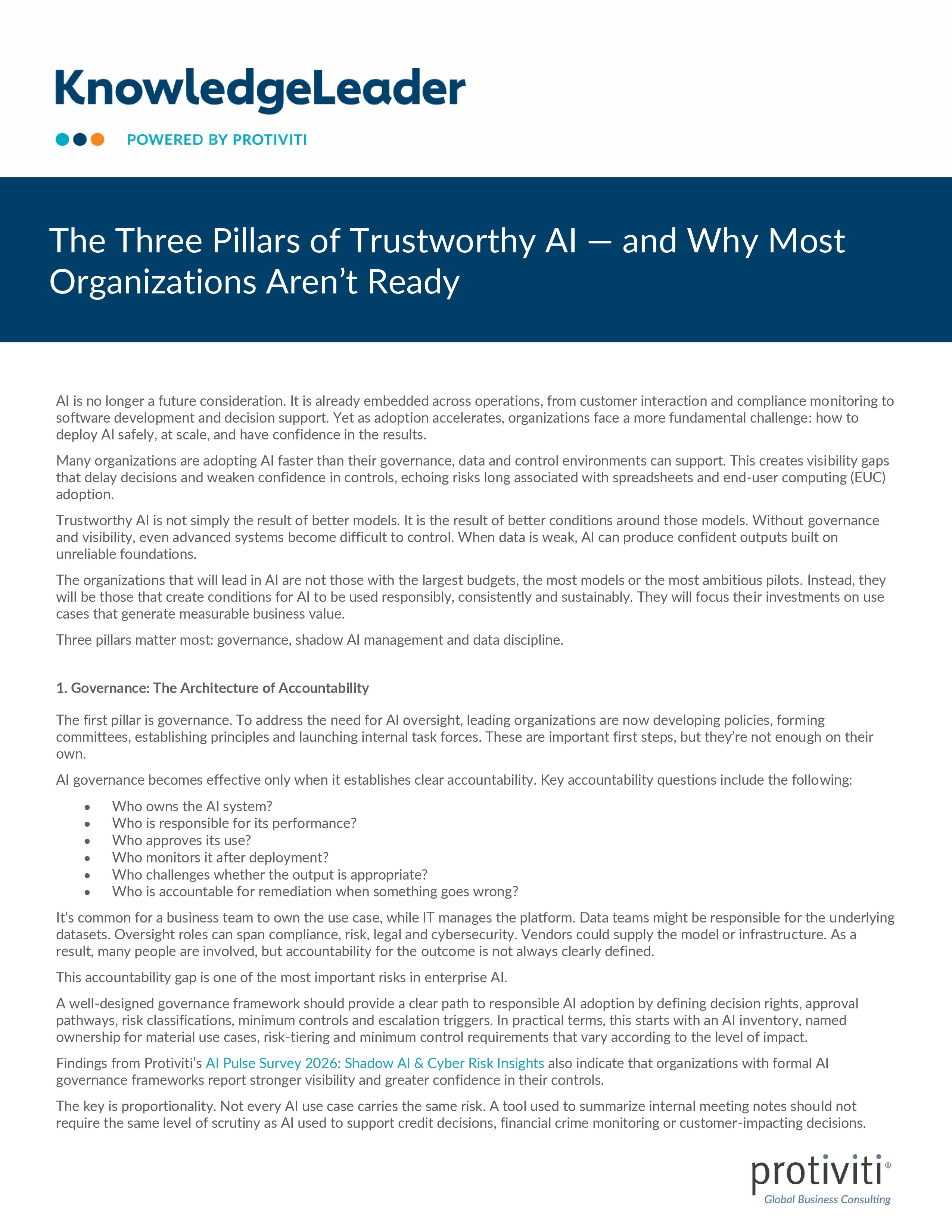 screenshot of the first page of The Three Pillars of Trustworthy AI — and Why Most Organizations Aren’t Ready