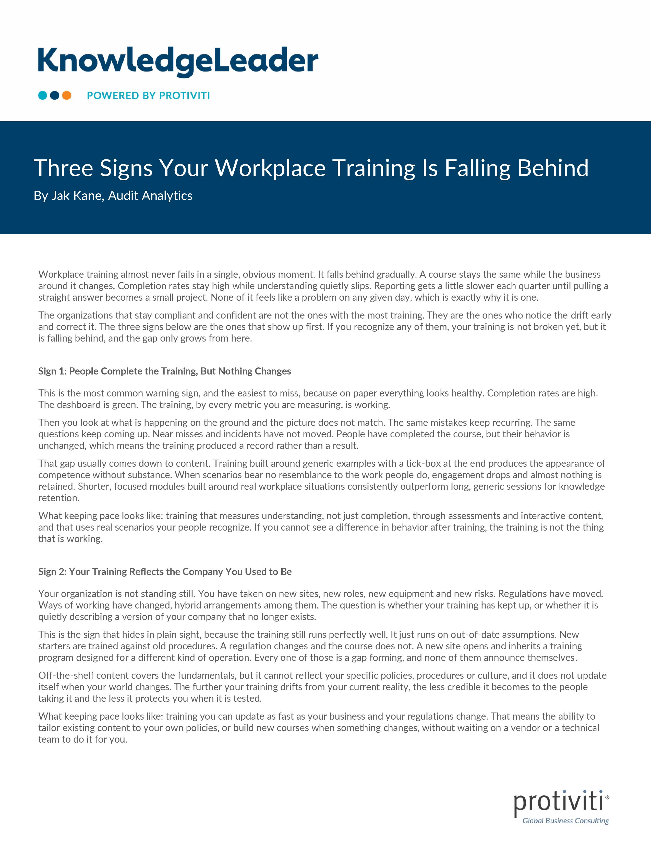 screenshot of the first page of Three Signs Your Workplace Training Is Falling Behind