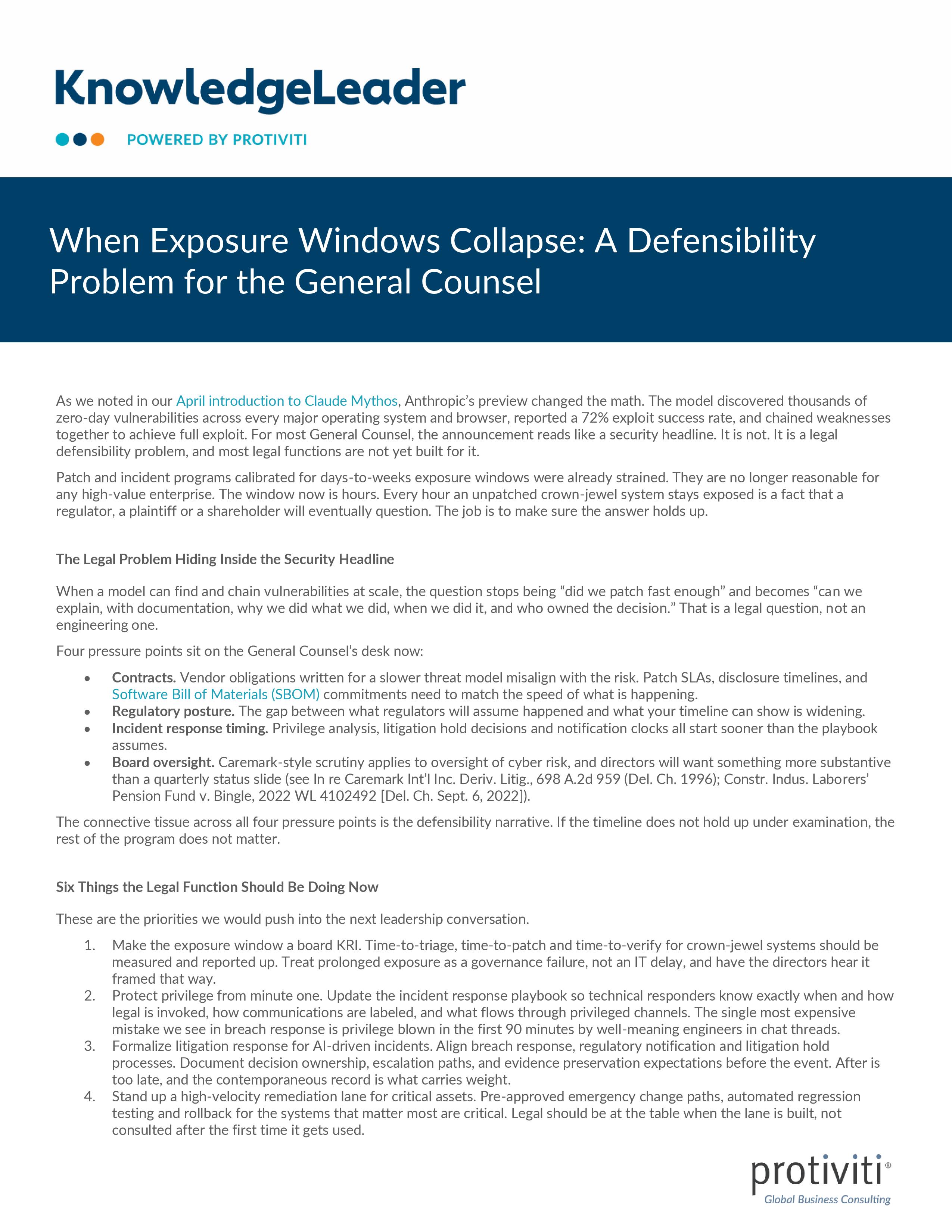 screenshot of the first page of When Exposure Windows Collapse: A Defensibility Problem for the General Counsel